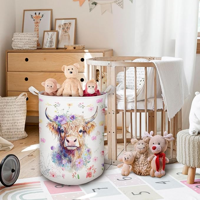 Floral Highland Cow Laundry Basket, Toybox for Girls Room, Gifts for Cow Lovers Women Laundry Hamper Waterproof Collapsible Storage Bin Organizer for Bedroom Bathroom Girls Room Dorm
