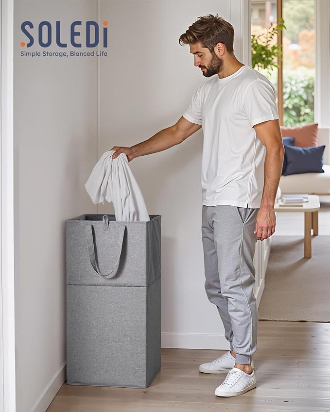 SOLEDI Freestanding Strong Transformable Laundry Hamper, Dual-Function Design, Large Collapsible Laundry Basket with Extended Handles, Easy to Carry, Clothes hamper for laundry（75L,Grey）