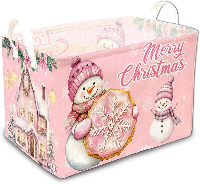 1 Pcs Pink Christmas Theme Storage Basket, Merry Christmas Storage Boxes, Foldable Snowman Decor Storage Boxes, for Family Bedroom Toy Clothing Storage, Xmas Party Decor Gifts