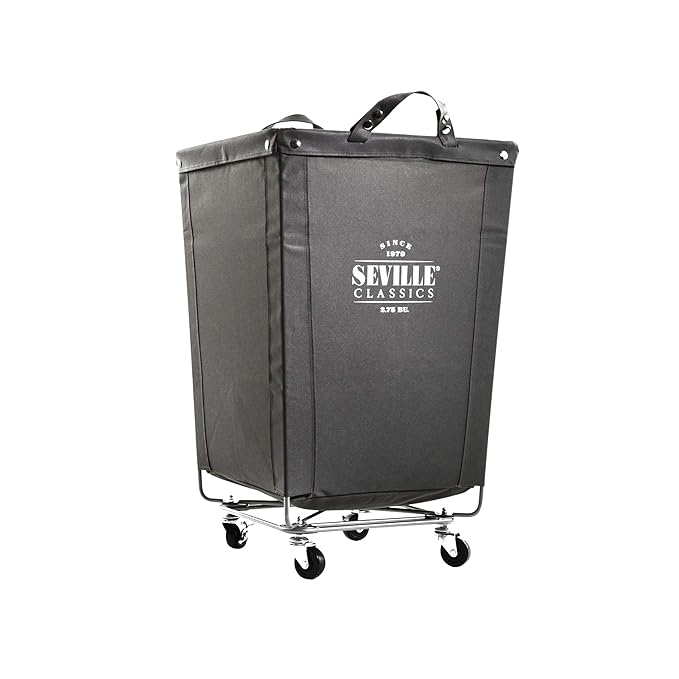 Seville Classics Large Commercial Heavy Duty Rolling Steel Frame Laundry Hamper Canvas Cart Bin, w/ Wheels for Hotel, Home, Closet, Bedroom (PATENTED), Gray, 18.1" D x 18.1" W
