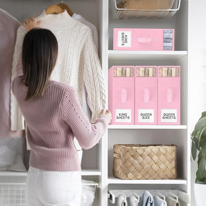 6 Pack Bed Sheet Closet Organizers and Storage,Sturdy Foldable Storage Containers with Window and Label,Storage and Organization for Bedding Sheets,Duvet Covers,Blankets (Pink)