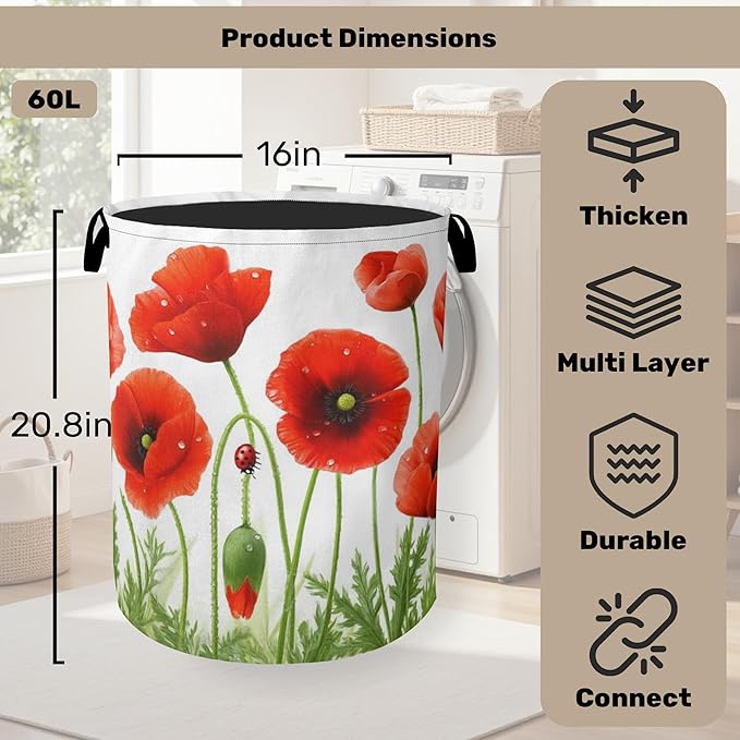 Red Flower Laundry Basket - Heavy Duty 60L Dirty Clothes Organizer, Water Resistant Foldable Hamper for Men Women