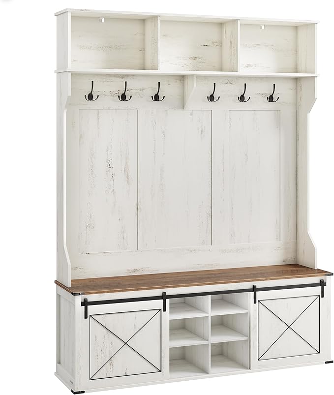 VASAGLE Hall Tree with Bench and Shoe Storage, Coat Rack with Shoe Bench, Entryway Furniture, 6 Tri-Hooks, Sliding Door, Farmhouse Style, Space Saving, Rustic White and Honey Brown UHSR443W01
