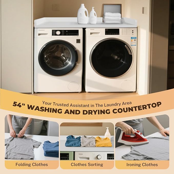 FAHKNS Washer Dryer Countertop - Wood Laundry Washer Dryer Topper with Anti-Slip Mat, 54" Width Waterproof Laundry Room Organization, Light & Save Space, White