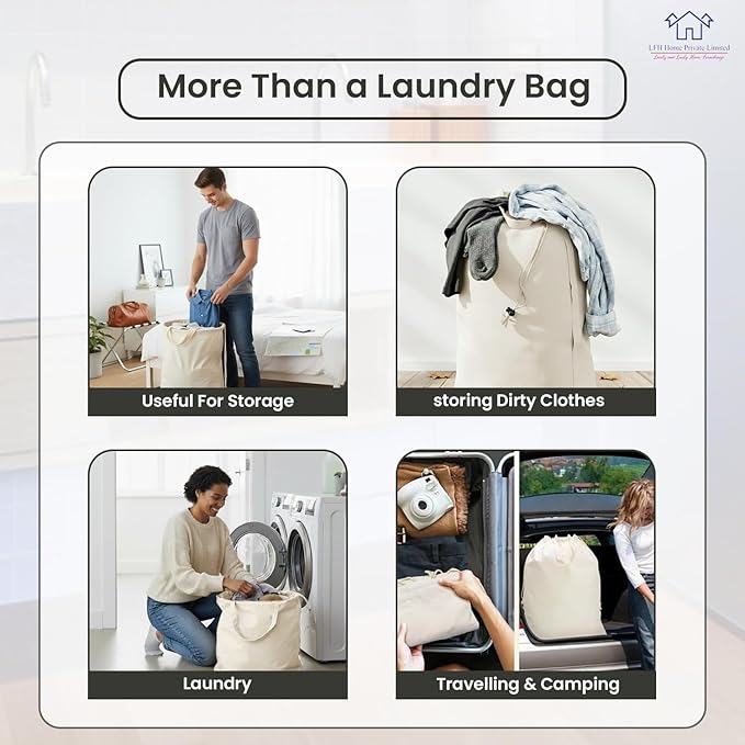 LFH Home Cotton Canvas Large Laundry Bag with Handle, Heavy Duty Drawstring Closure Washable Laundry Bags School Travel, Home, Hotel, College Dorm, Organizer Sack, Cloths 20x30-White