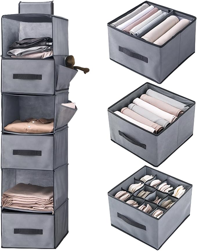 6-Shelf Hanging Closet Organizer, Hanging Storage Shelves with 3 Removable Drawers, Wardrobe Clothes Organizer, Cloth Hanging Shelves, Poucher Foldable for Closet Bedroom Home (1PCS 6-Shelf)