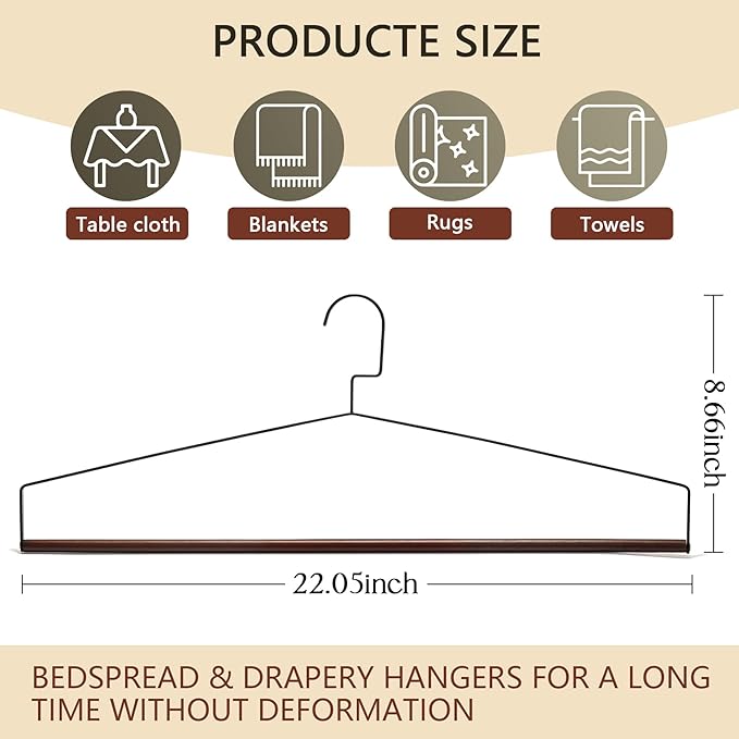 22" Bedspread Drapery Blanket Tablecloth Hangers, Dry Cleaner Hangers, Made of Solid Beech Wood and Metal, 10pcs Heavy Duty Hanger for Blankets, Table Cloths and Closet Storage