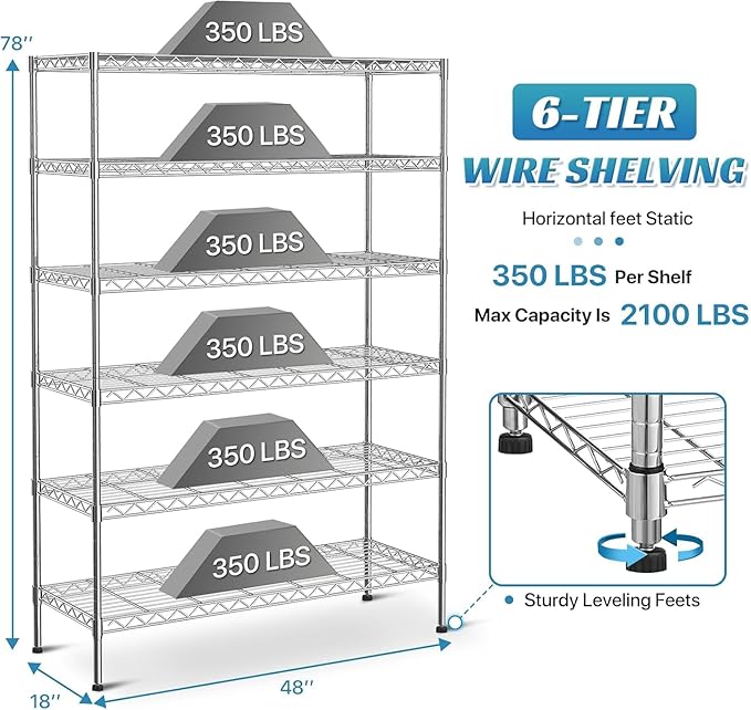 YRLLENSDAN 6 Tier Shelf Heavy Duty Metal Shelving Unit with Wheels, Adjustable Wire Storage Shelves 2100LBS Capacity, Garage Shelving for Pantry, Kitchen, Closet, Chrome, 18" D x 48" W x 82" H
