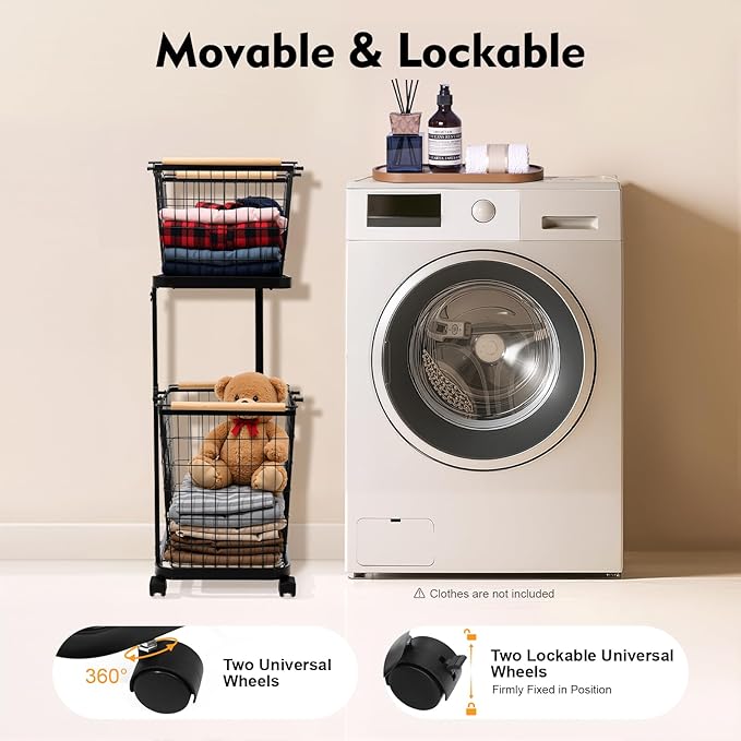 Laundry Basket, 2 Tiers Removable Laundry Baskets Cart Load Bearing Capacity of 88.18 lbs Metal Laundry Basket With 2 Removable Baskets and 4 Universal Wheels for Kitchens Bathrooms Bedrooms (Black)