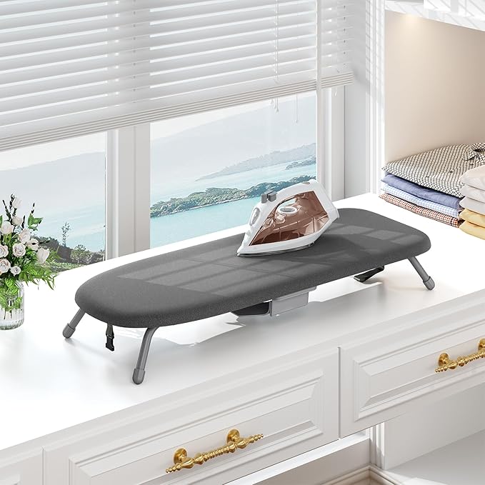 Kingboard Tabletop Ironing Board with Iron Holder, Small Iron Board with Heat Resistant Covers, Portable Mini Ironing Board with Non-Slip Feet for Home Travel, 12 * 32 Black