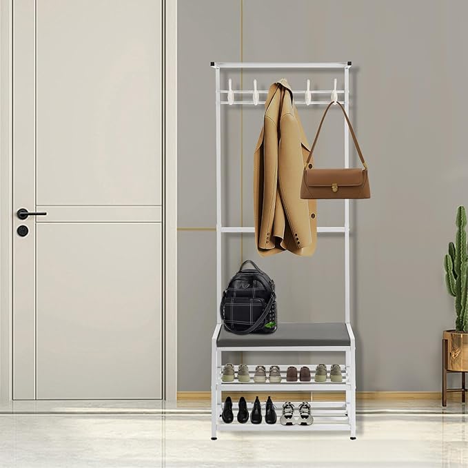 Coat Rack Shoe Bench, 23.62"x62.99" Entryway Stool with Coat Rack, Coat Rack Shoe Stool 3-in-1 with Stool and Shoe Storage, 5 Flexible Hooks, PU Cushion (White)
