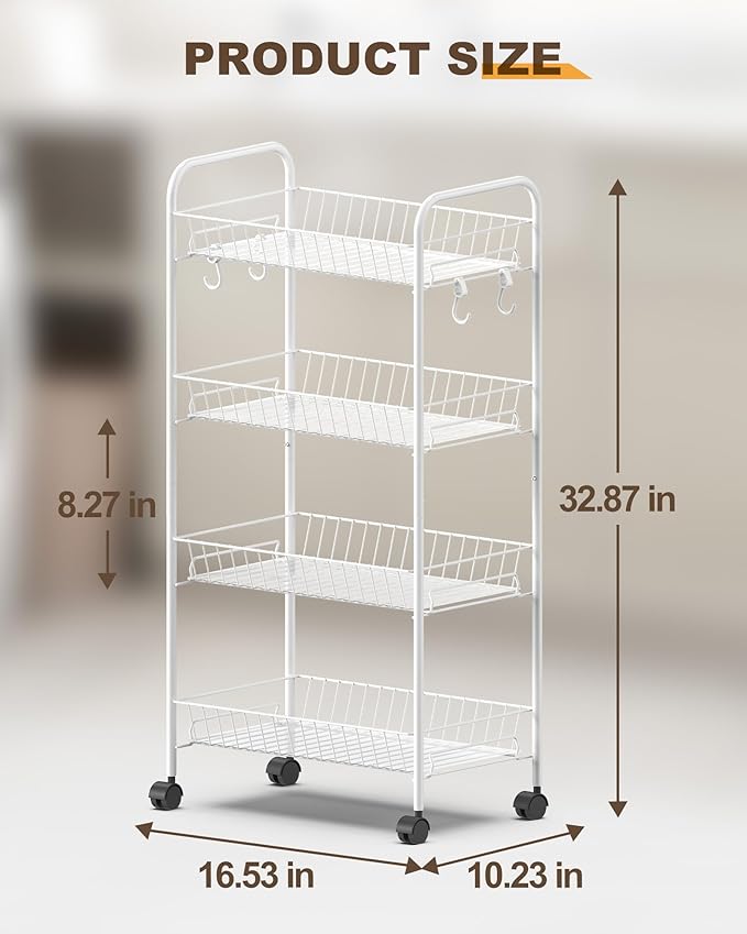 Mythinglogic 4 Tier Rolling Cart with 360° Wheels, Snack Cart, Removable Wire Baskets, Metal Utility Storage Rack for Kitchen, Bathroom, Laundry Room, Office (White)