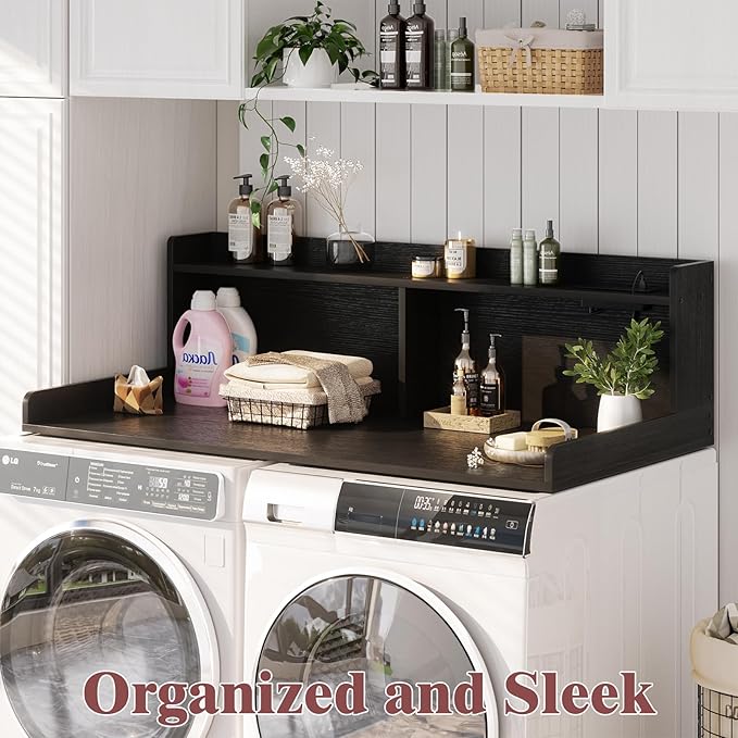 Aheaplus Washer and Dryer Countertop, 2-Tier Laundry Countertop Cover with LED Lights and Power Strip, Large Space Laundry Topper with Shelf for Laundry Room Organization, Black