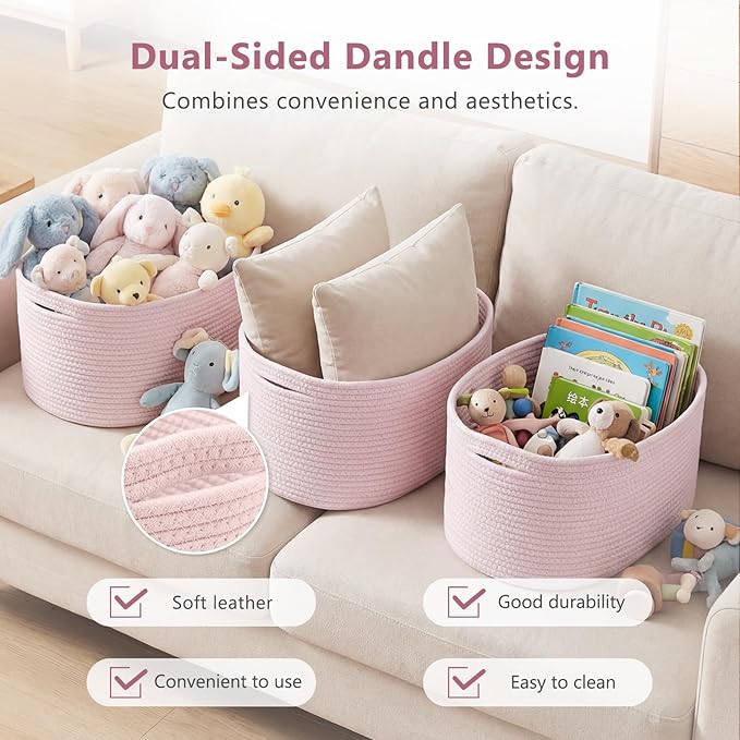 Cotton Rope Storage Basket, 15x10x9 Inches, Woven Basket for Shelves, Clothes, Towels, Books, and Laundry, Light Pink (3 Pack)