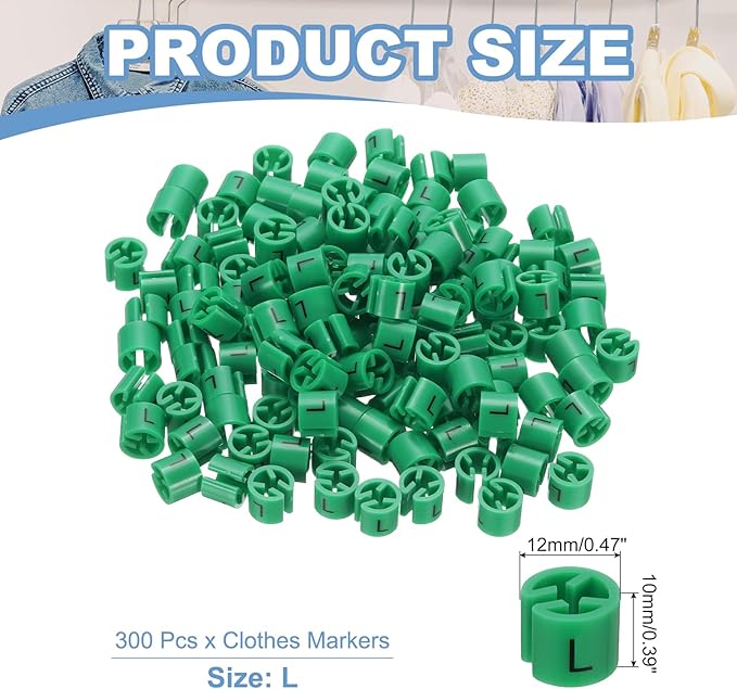 PATIKIL 300 Pcs Clothes Hanger Markers L Fit Rod Garment Size Tag Hanger Clips Round Color Coding Label for Clothing, Green