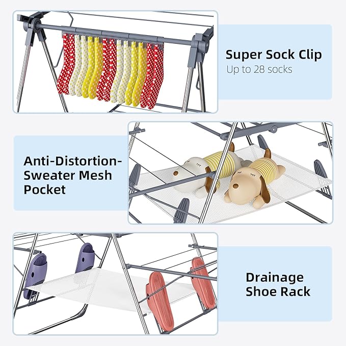 Clothes Drying Rack Foldable 2-Level Laundry Racks for Drying Clothes Rack,Stainless Steel Drying Rack Clothing Collapsible for Indoor Outdoor,with Height-Adjustable Wings (Gray- Medium)