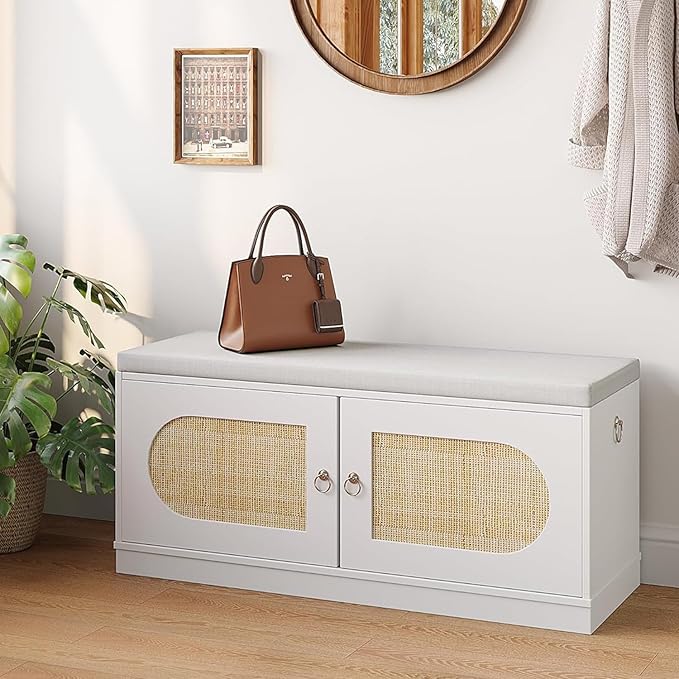 2-Tier Rattan Shoe Storage Bench, 39.4" W Shoe Bench with Padded Seat Cushion, Entryway Bench with Handles, 2 Doors, Adjustable Shelf for Living Room, Bedroom, Front Door, Hallway - Natural