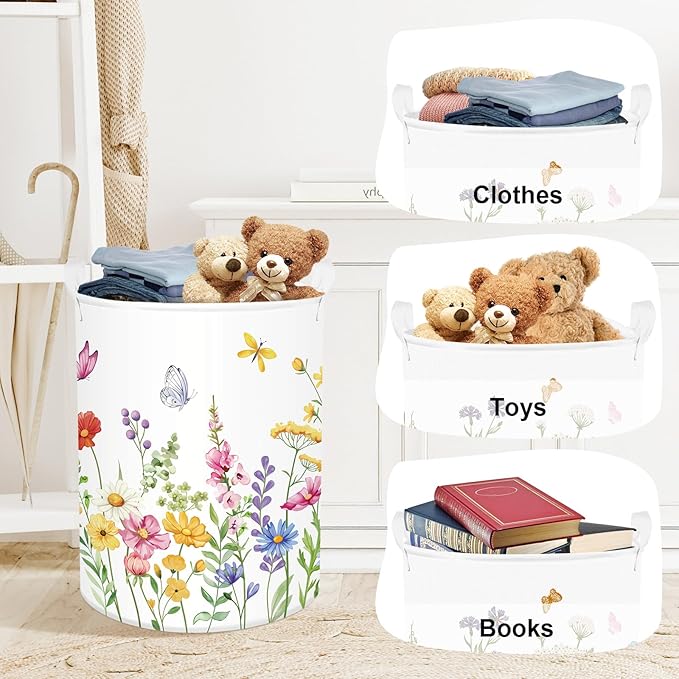 Colourful Flowers Laundry Hamper Large Storage Basket Floral Collapsible Adult Organizer Kids Clothes Toys Bins for Bedroom, Bathroom, Pinkish Purple, 63L