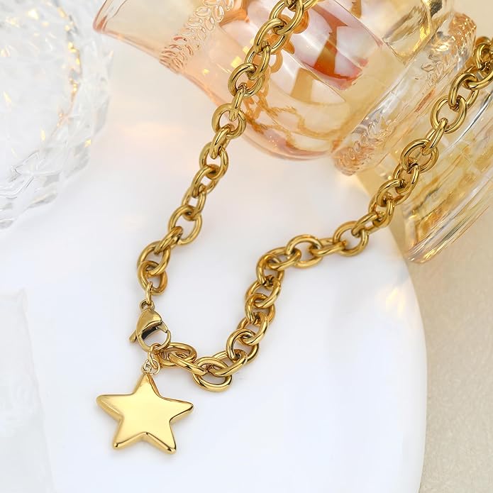 Chunky Gold Necklace for Women Gold Evil Eye Cowboy Pendant Necklace Dainty Paperclip Chain Vintage Luck Amulet Choker Necklaces Celestial Jewelry Gift