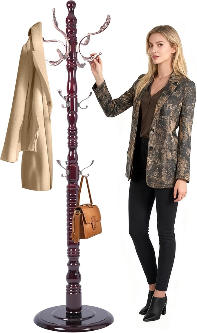 73" Wooden Coat Rack Freestanding, Coat Rack Stand With 18 Hooks And Round Solid Wood Base，Adjustable Height, Easy To Assemble For Entrance Hallway Office Living Room Bedroom (Metal)