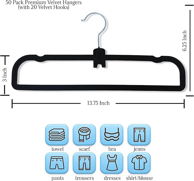 50 Velvet Pants Hangers with 20 Velvet Hooks – Non-Slip Flocked Slim Space Saving Clothes Hangers with 360° Swivel Silver Hook, Heavy Duty for Jeans, Pants, Tank Tops & Closet Organization