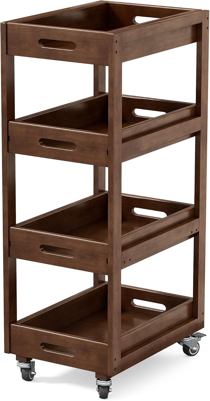 Solid Wood Storage Cart Set of 2, 4-Tier Slim Kitchen Rolling Cart with Wheels, Narrow Mobile Utility Organizer Shelving Unit for Small Space, Living Room, Dining Room, Laundry, Walnut