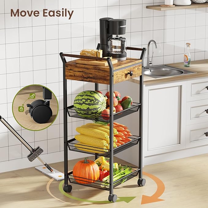 Large Fruit Vegetable Storage Cart, 5-Tier Kitchen Rolling Cart with Wheels & Drawer, Metal Wire Storage Basket Organizer Baskets for Kitchen, Pantry, Bathroom