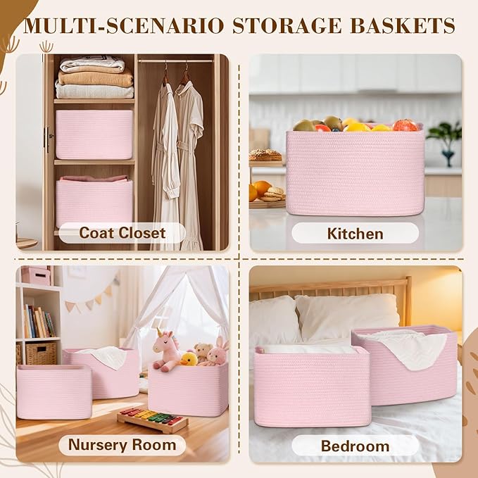 Baskets for Organizing,Storage Baskets,3 Pack Baskets for Shelfves,15"×10"×9" Woven Pink Basket,toy storage bins,bins for organization