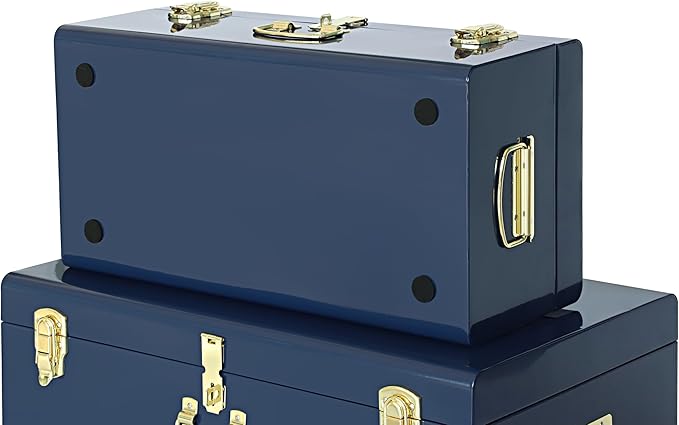 Vixdonos Decorative Large Metal Box Storage Trunk Chest Set of 2 College Dorm Organizer with Hardware Hasps and Handle for Home Deocr,23.7X14.2X9.5 Inches,Dark Blue