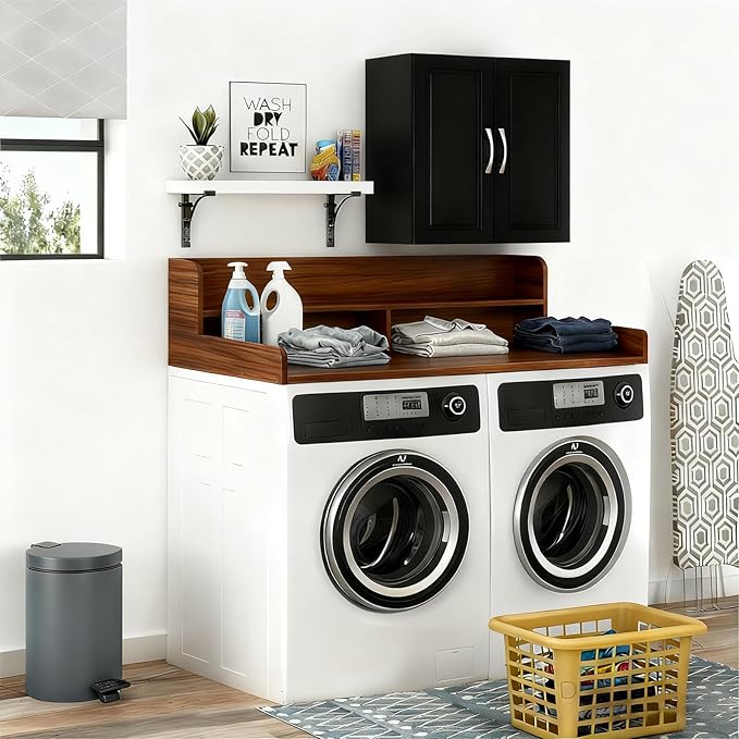 2-Tier Washer and Dryer Countertop, Wooden Washer Dryer Countertop, 27.5" Depth X 54" Laundry Countertop Over Washer and Dryer for Folding Clothes Over Washer and Dryer (Dark Walnut)