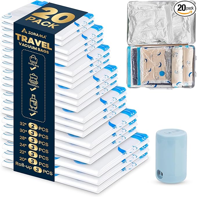 Vacuum Storage Bags with Electric Pump, 20 Pack Vacuum Sealed Bag with 1500mAh Rechargeable Battery for Clothes, Blanket, Duvets, Pillows, Comforters, Travel