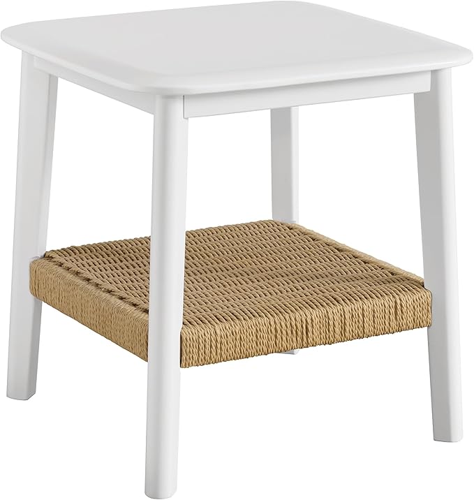Alaterre Furniture Calais Side Table - 2-Tier Small End Table with Woven Storage Shelf - Wooden Nightstand for Small Spaces, Living Room, or Bedroom - Mid Century Modern Furniture (White)