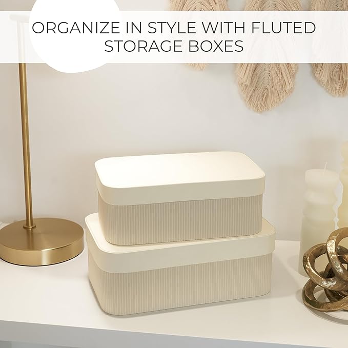 Decorative Storage Boxes with Lids – Set of 2 Beautiful Fluted Cardboard Organizer Bins for Your Home Bookshelf Decor to Safely Store Your Documents, Memory Box Items and Other Keepsakes in Style