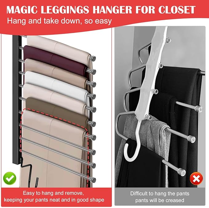Pants Hangers Space Saving, 10-Tier Stainless Steel Closet Organizer, Plastic-Free, Collapsible Non-Slip Design Space Saving Hangers, Rotation for Legging Pant Rack, Storage and Organization