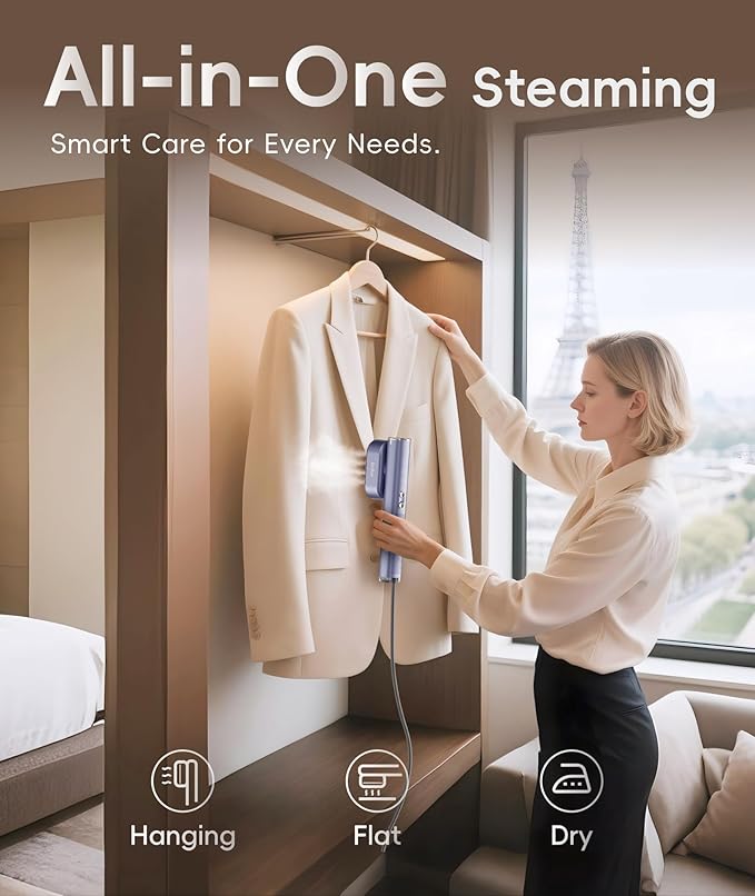 Steamer for Clothes, 1000W Portable Garment Steamer Travel Size, 100-240V Dual Voltage, 120ml Tank Handheld Steam & Iron 2 in 1, for Home, Business, Global & Europe Traveling, Blue
