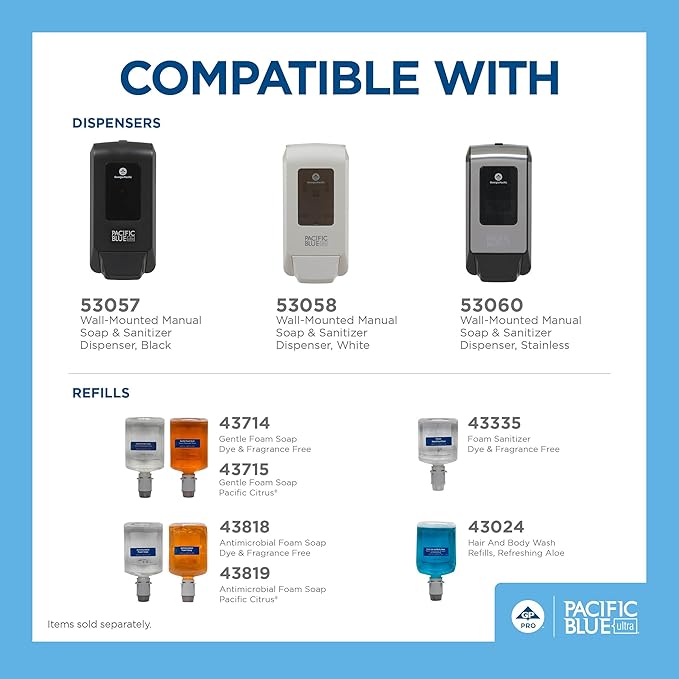 Pacific Blue Ultra Wall-Mounted Manual Dispenser for Foaming Hand Soap and Hand Sanitizer by GP PRO (Georgia-Pacific), Brushed Stainless, 53060, 11.5" W x 5.6" D by 4.4" H