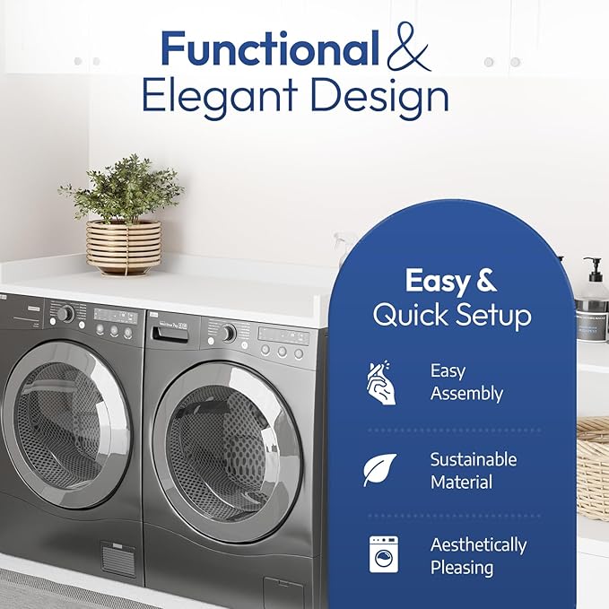 OfficeSimpli Washer Dryer Countertop, Made in USA, Non-Slip Pads, Laundry Room Wood Topper, Washer Dryer Cover for Top, Laundry Countertop, Laminate Finish (Glacier White, Large (30" x 58"))