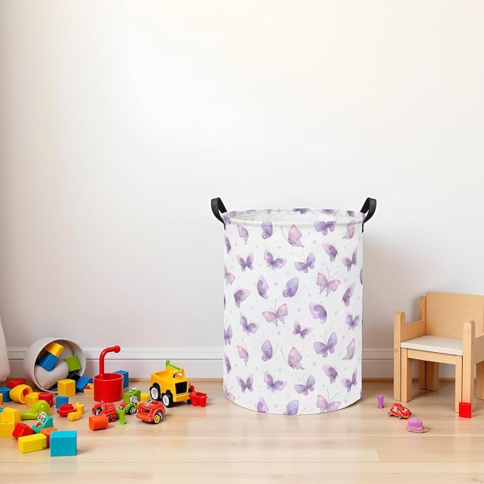 Baby Laundry Hamper kids laundry Basket Waterproof Storage Bin for Bedroom Toy Clothes Organizer Basket Woodland Animals Room Décor(Purple Butterfly)