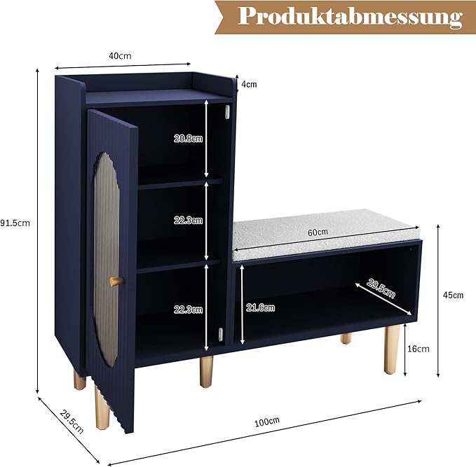 HLR Storage Bench Set of 2, Blue Modern Entryway Shoe Cabinet Bench with Glass Door&Shelf, L-Shaped Storage Cabinet with Padded Seat for Hallway, Bedroom, Living Room, Office