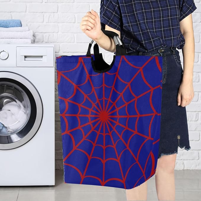 CaTaKu Blue Spider Web Baby Laundry Baskets Collapsible, Large Tall Clothes Hampers for Kids Laundry Room Organizer Foldable Storage Bins with Handles