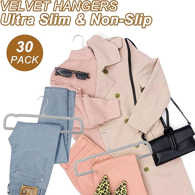 Velvet Pants Hangers Non Slip, 30 Pack Velvet Hangers for Closet with Porous Hooks, Strong Durable Space Saving Slim Clothes Hanger, Ultra Thin Flocked Hanger for Pants/Shirts/Bra/Shorts (Grey)