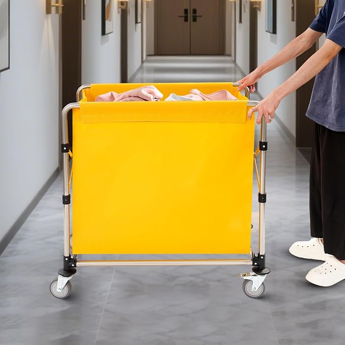 Commercial Laundry Cart with Wheels, 220lbs Foldable Laundry Cart with 4 Locking Wheels and Oxford Cloth for Home, Dorm, Hotel, and Commercial Use (Yellow)