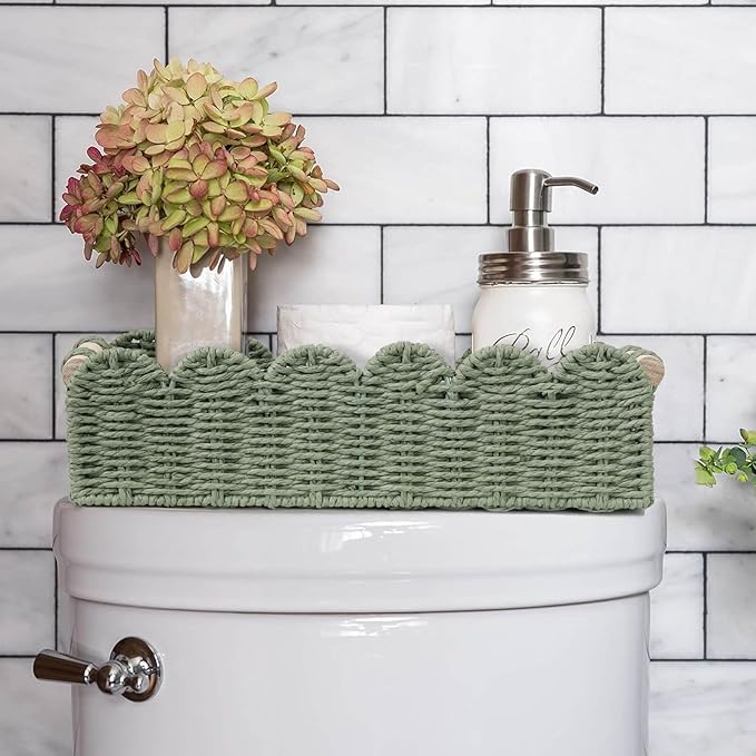CubesLand Scalloped Edge Decor Baskets for Home, Living Room, Toilet Paper Storage Basket for Over Toilet Shelf, End Table,Shelves and More, Small Paper Rope Baskets Both Storage&Decor, Set 2 Green