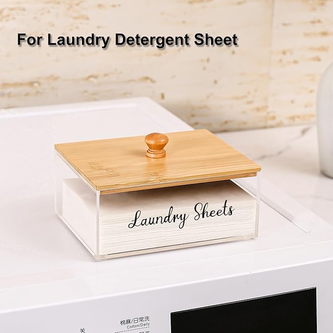 Acrylic Laundry Sheet Holder with Bamboo Lid, Laundry Detergent Sheet Container/Holder/Dispenser, laundry Room Organization and Storage