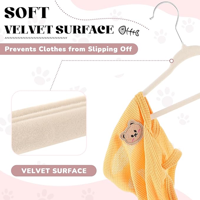 Weysat 12 Pcs Dog Clothes Hangers 11'' Non-Slip & 360° Swivel Velvet Small Pet Beige Hangers for Cats/Dogs with Rustproof Metal Hooks, Space-Saving for Home Storage & Grooming Salons Minimalism