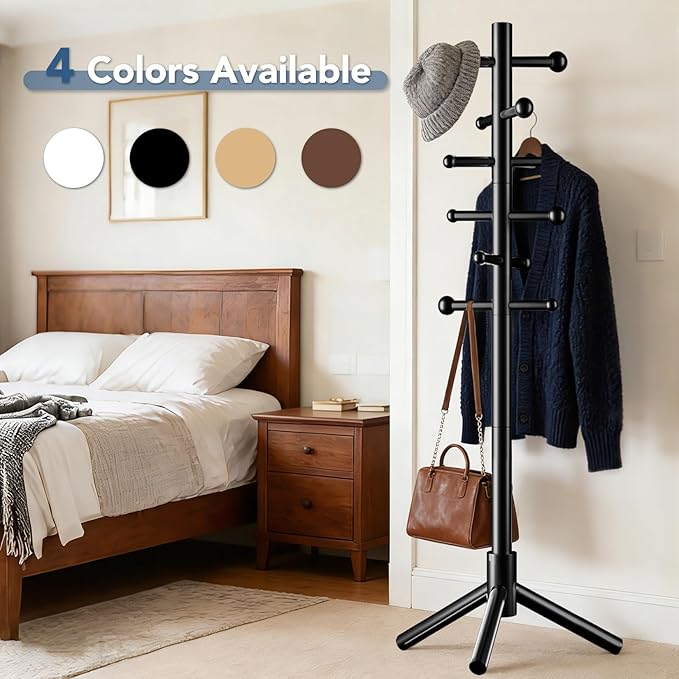 Wooden Coat Rack Freestanding with 12 Hooks 3 Adjustable Heights，Standing Coat Rack Tree for Hat and Coat Rack for Small Spaces Entryway,Office,Bedroom,Black