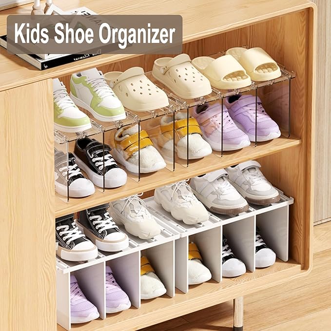 Clear Kids Shoe Rack Holder for Closet Storage Organizer Stackable Shoes Shelf Dividers for Purse Handbag Book File Organizer(2PACK)