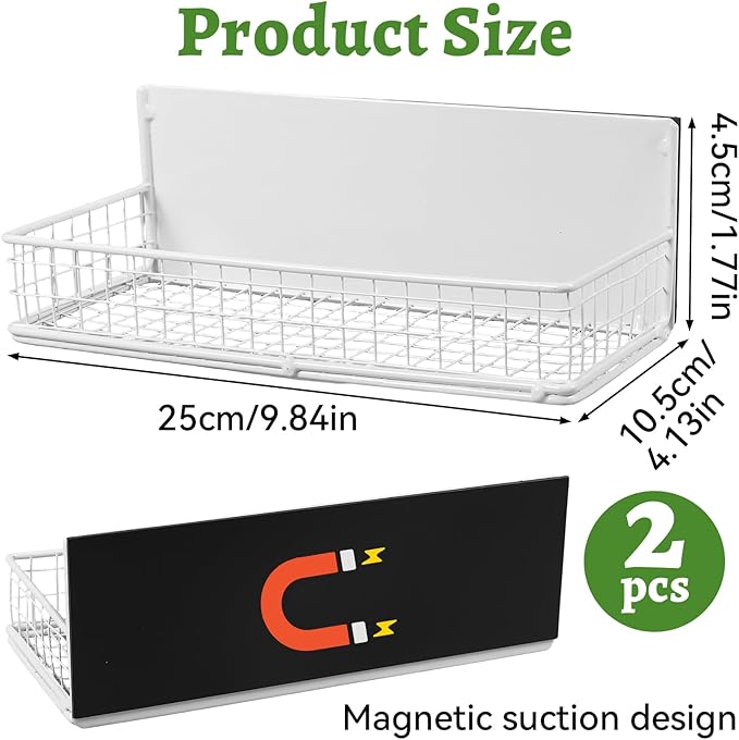 2 Pack Magnetic Basket for Fridge, Magnetic Spice Rack for Side of Refrigerator, Small Magnet Wire Bin Basket Fridge Shelf Organizer Kitchen Classroom Whiteboard Pantry Office Storage, White