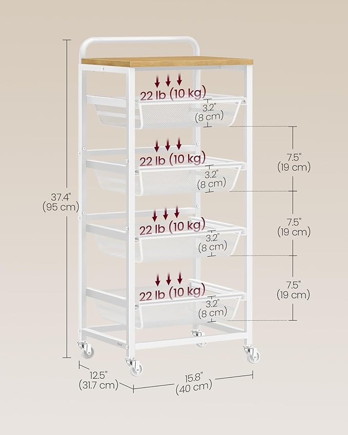 VASAGLE Kitchen Storage Cart with Pull-Out Baskets, 5-Tier Rolling Utility Cart with Wheels for Snacks, Handle, 12.5 x 15.8 x 37.4 Inches, Golden Oak and Matte White ULRC041YA01
