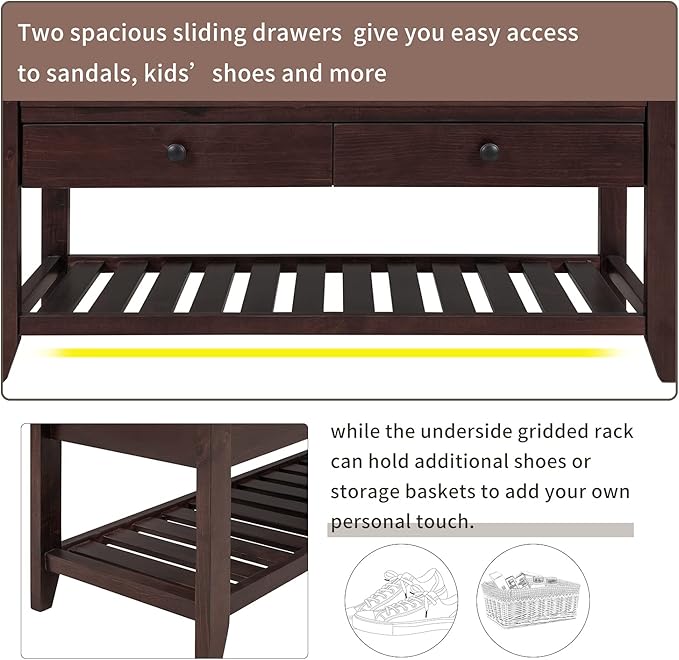 Harper & Bright Designs TREXM Shoe Rack with Cushioned Seat and Drawers, Multipurpose Entryway Storage Bench (Espresso)